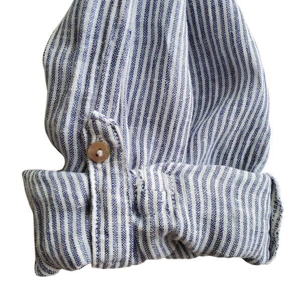 TAHARI 100% Linen Long Button Down Shirt Steel Blue and White Stripes Size L - Picture 10 of 15